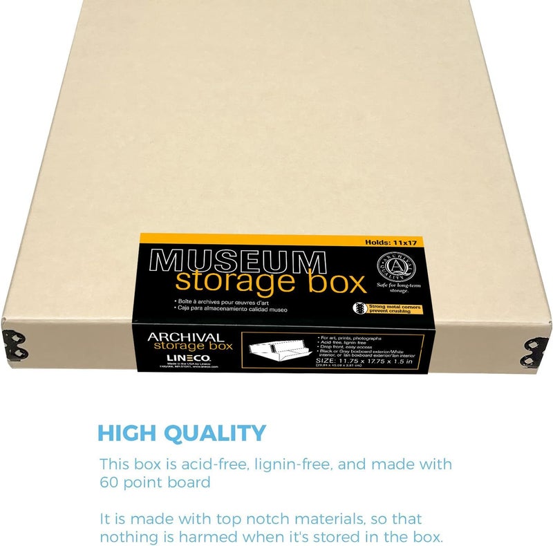 Lineco Museum Archival Storage Box, 11.75x17.75x1.5 in. Drop Front Design. Acid-Free with Metal Edge. Organize Photos, Pictures, Prints, Documents, Crafts, DIY. Tan, 1 Pack - Image 4